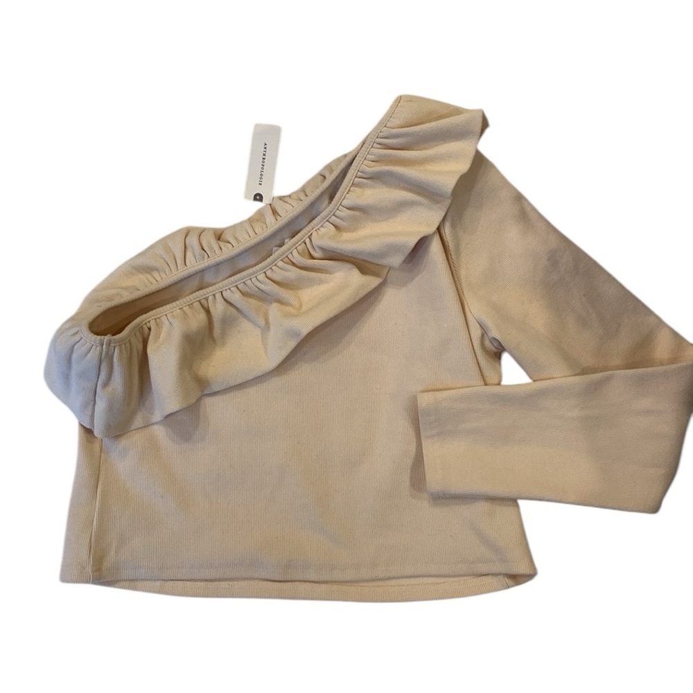 NWT Anthropologie one shoulder cream ribbed ruffled top - Picture 5 of 5
